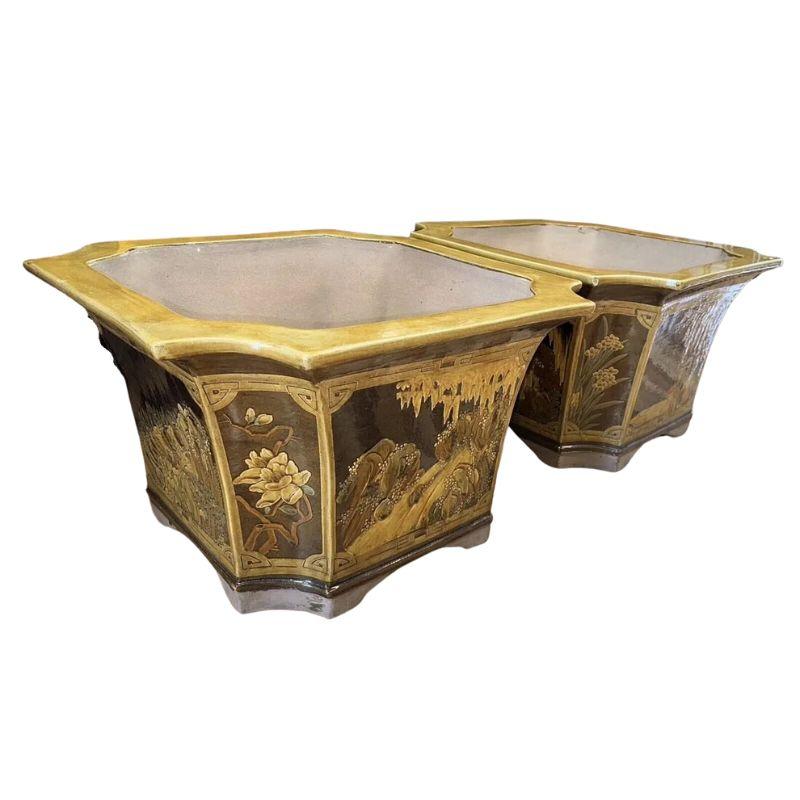 Pair of Large Glazed Ceramic Planters With Asian Scene In Good Condition For Sale In Locust Valley, NY