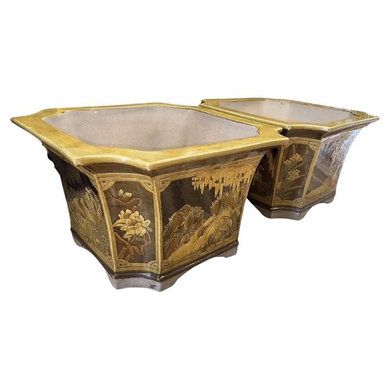 Pair of Large Glazed Ceramic Planters With Asian Scene For Sale