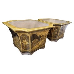 Used Pair of Large Glazed Ceramic Planters With Asian Scene