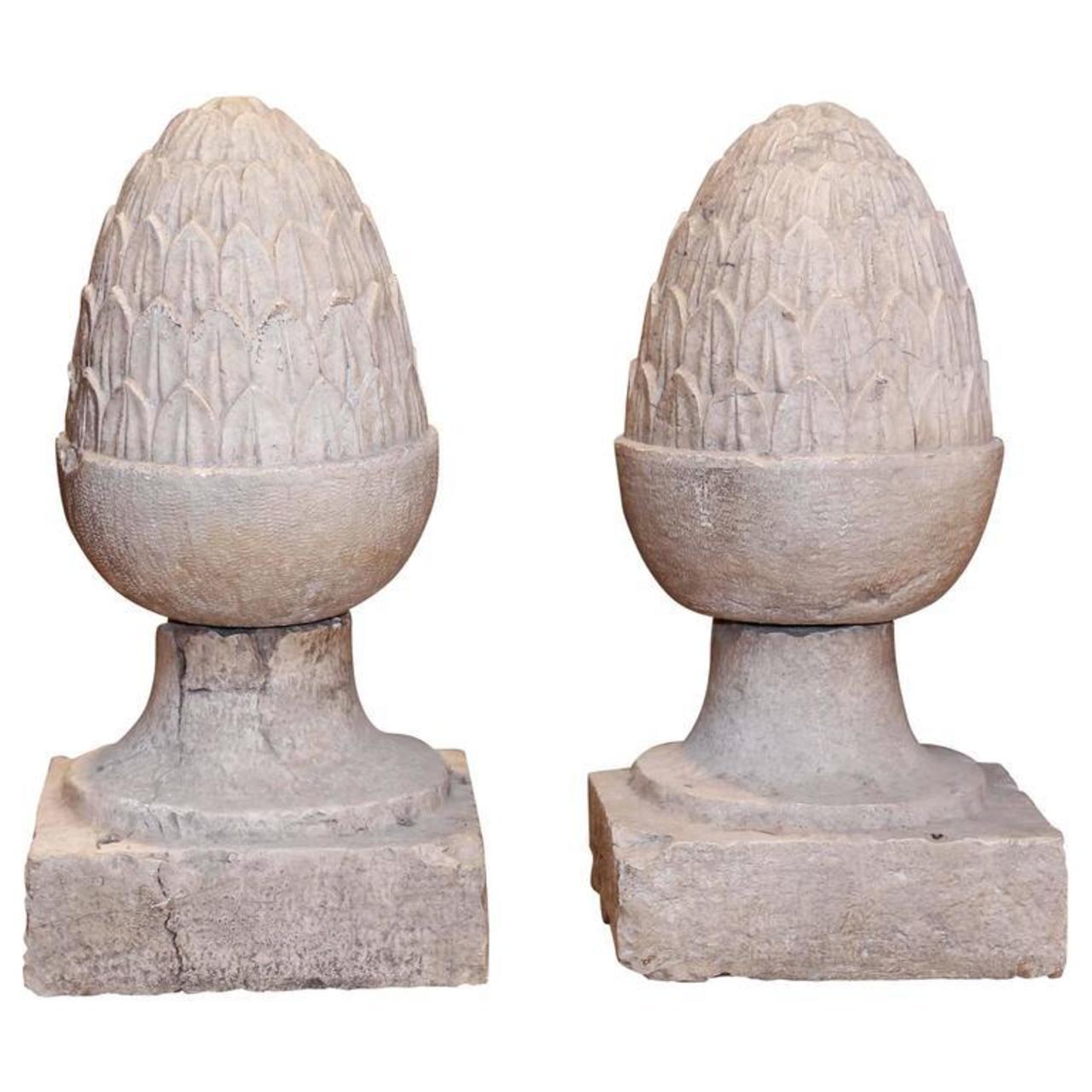 French Pair of Large Italian Glazed Light Gray Terracotta Garden Finials