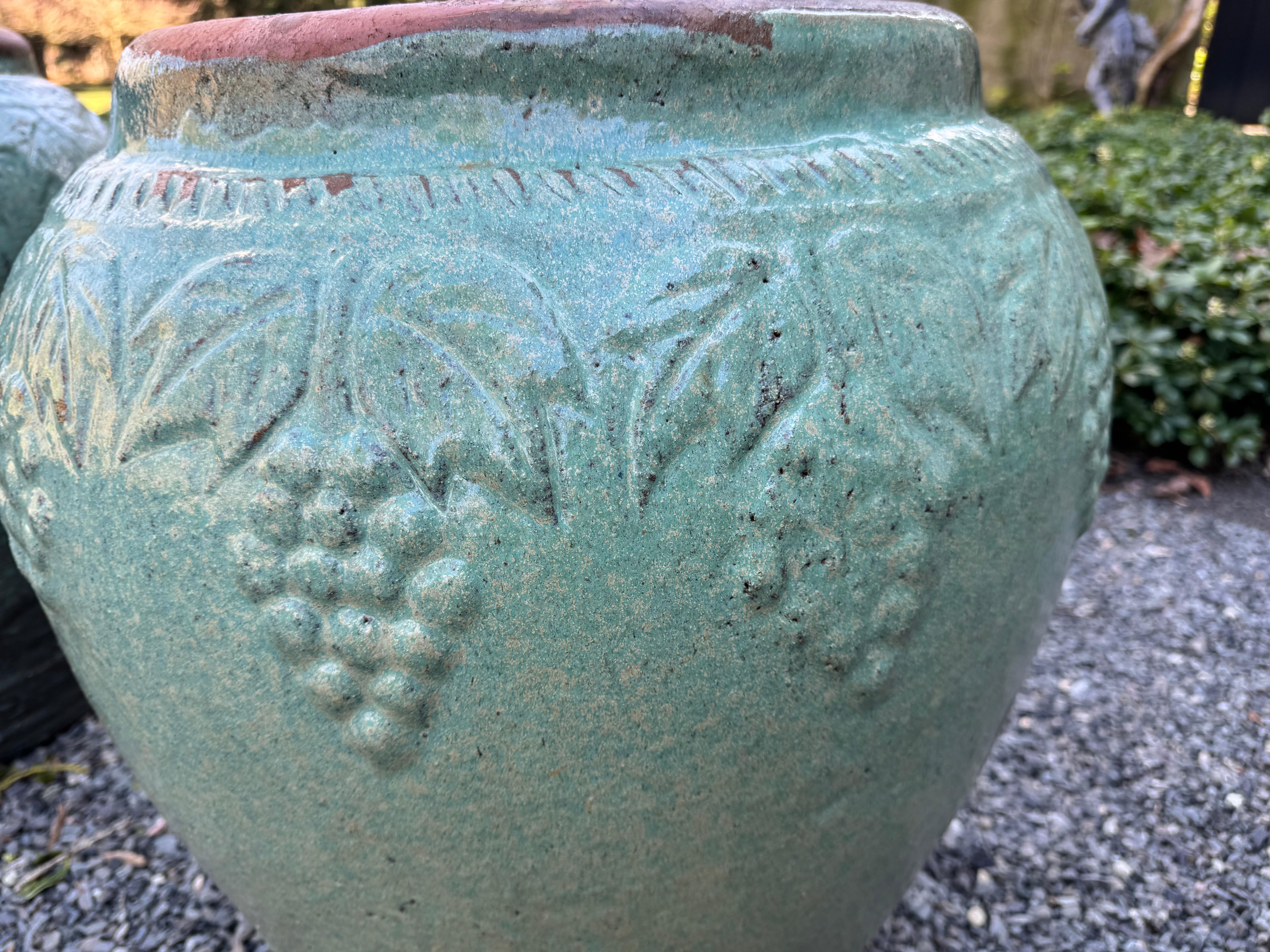 Mid-20th Century Pair of Large Glazed Sea Green Terracotta Jardinaires Planters For Sale