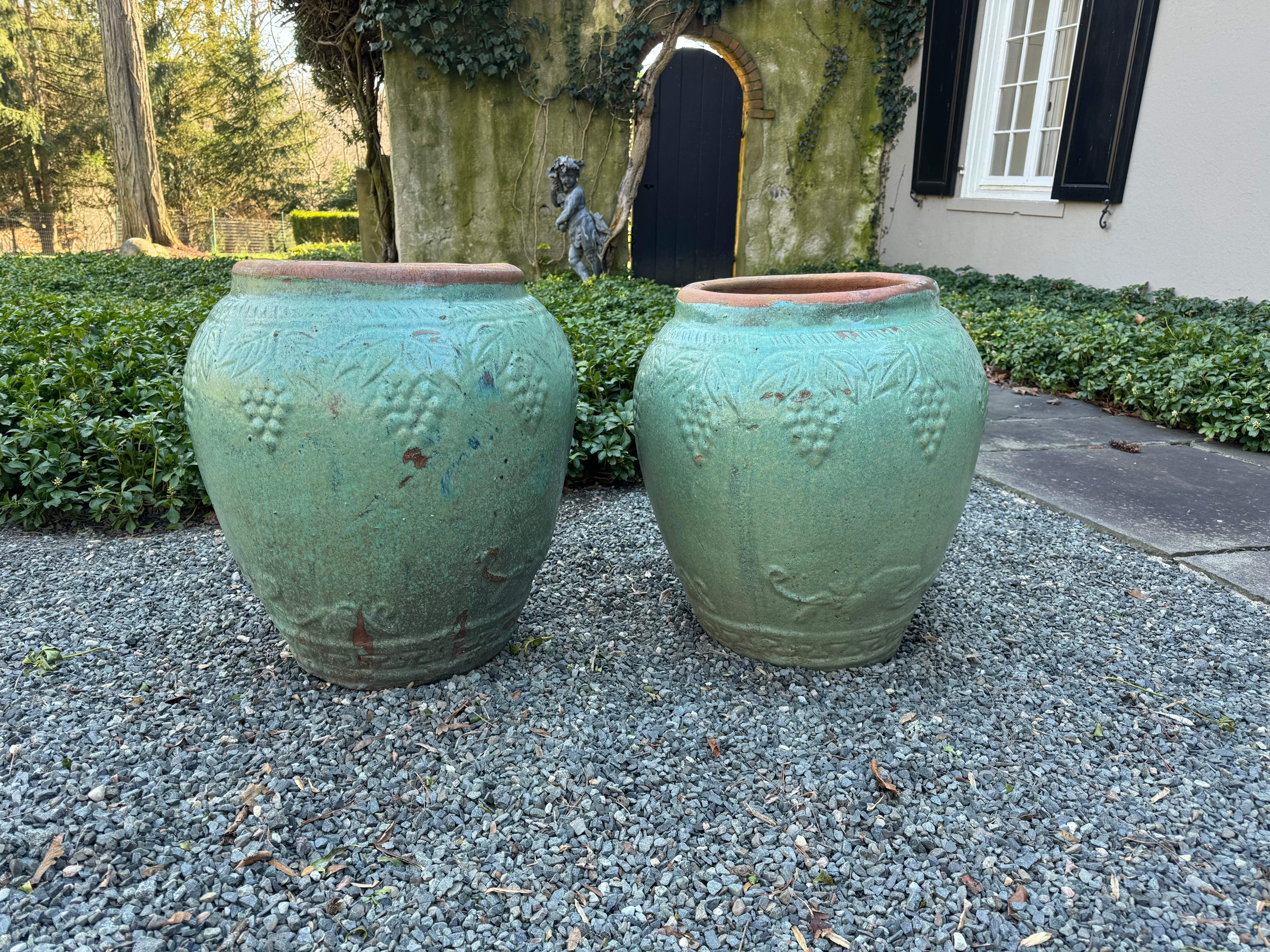 Pair of Large Glazed Sea Green Terracotta Jardinaires Planters For Sale 1
