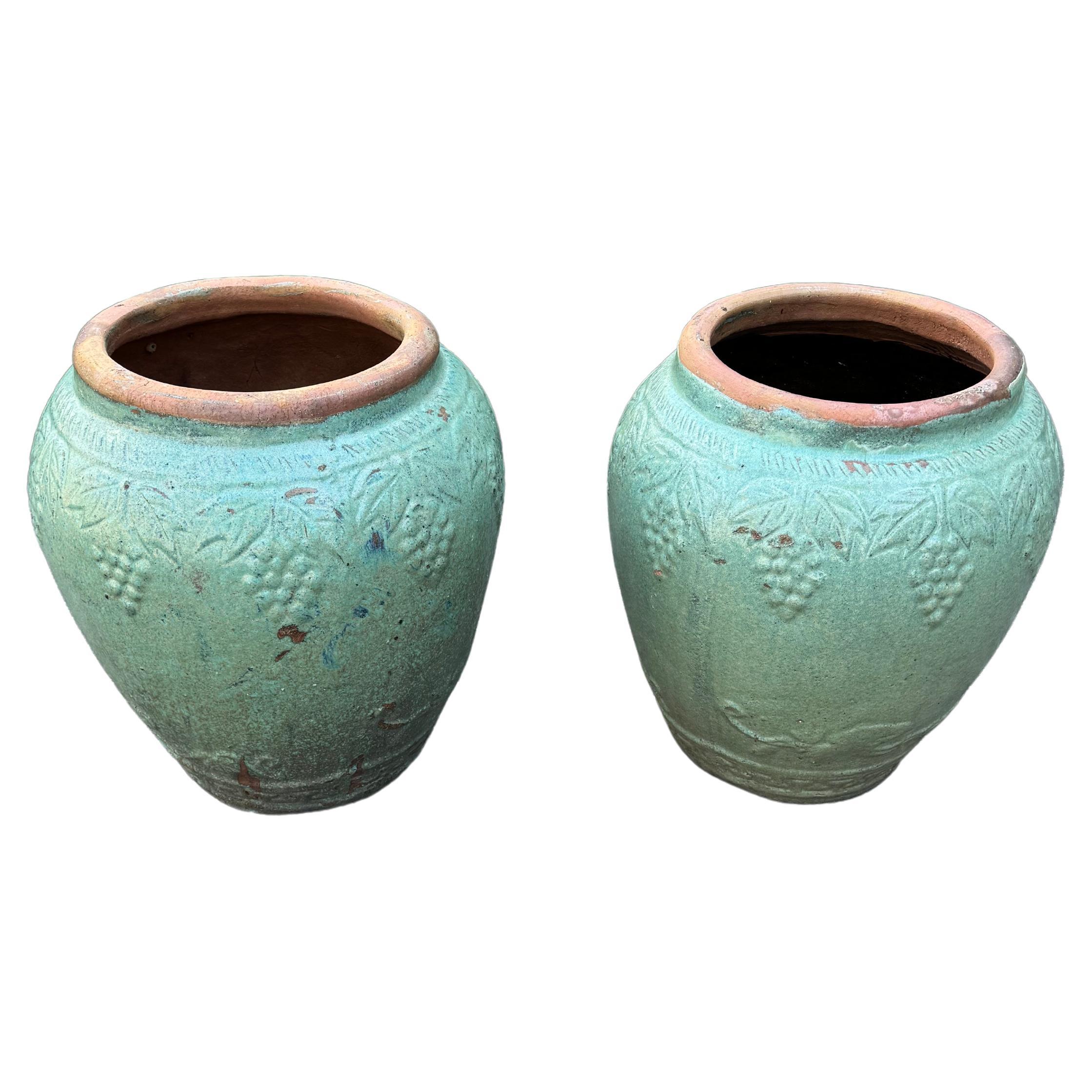 Pair of Large Glazed Sea Green Terracotta Jardinaires Planters For Sale