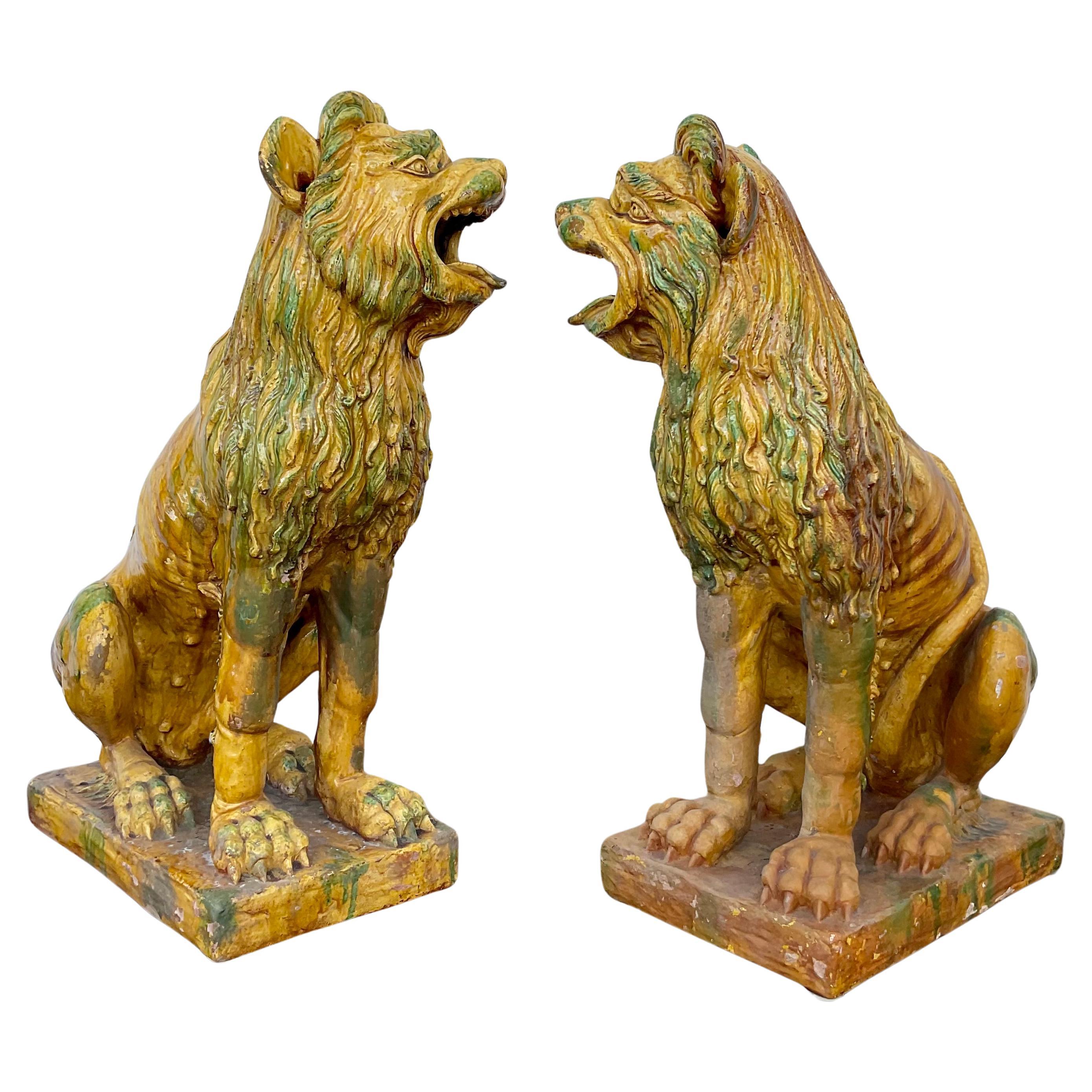 Chinese Pair of Large Glazed Terra Cotta Lions or Foo Dogs For Sale