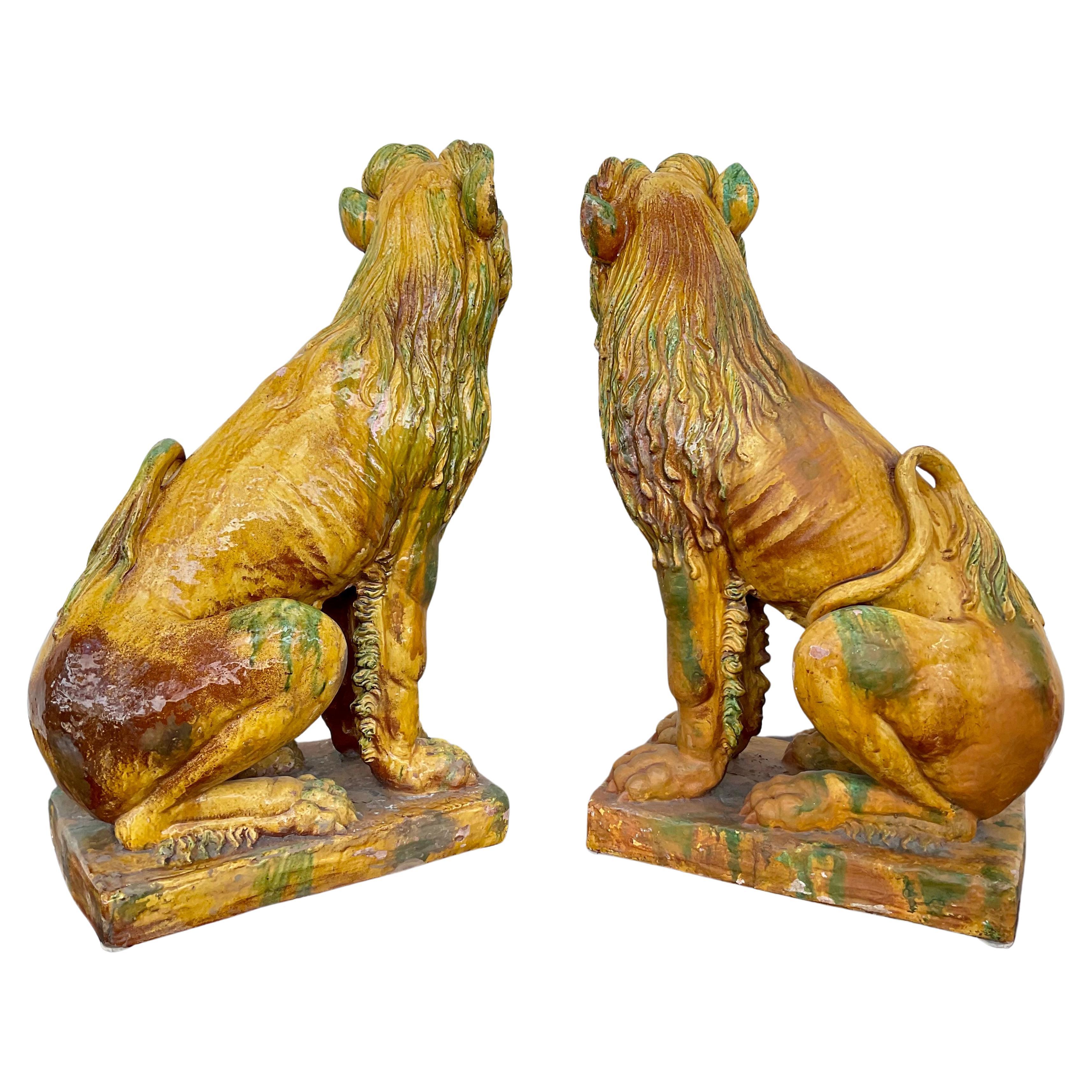 Pair of Large Glazed Terra Cotta Lions or Foo Dogs In Good Condition For Sale In Bradenton, FL