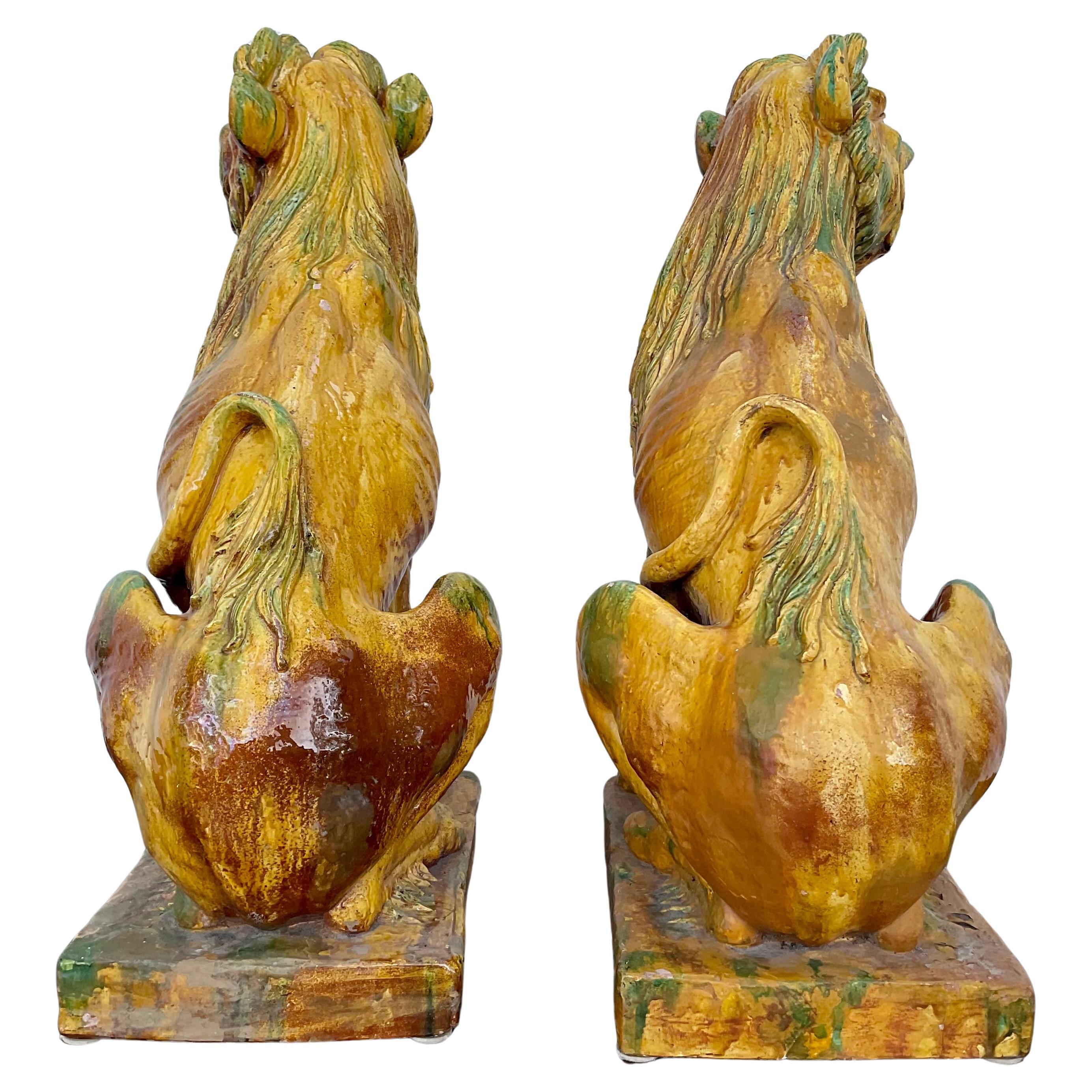 20th Century Pair of Large Glazed Terra Cotta Lions or Foo Dogs For Sale