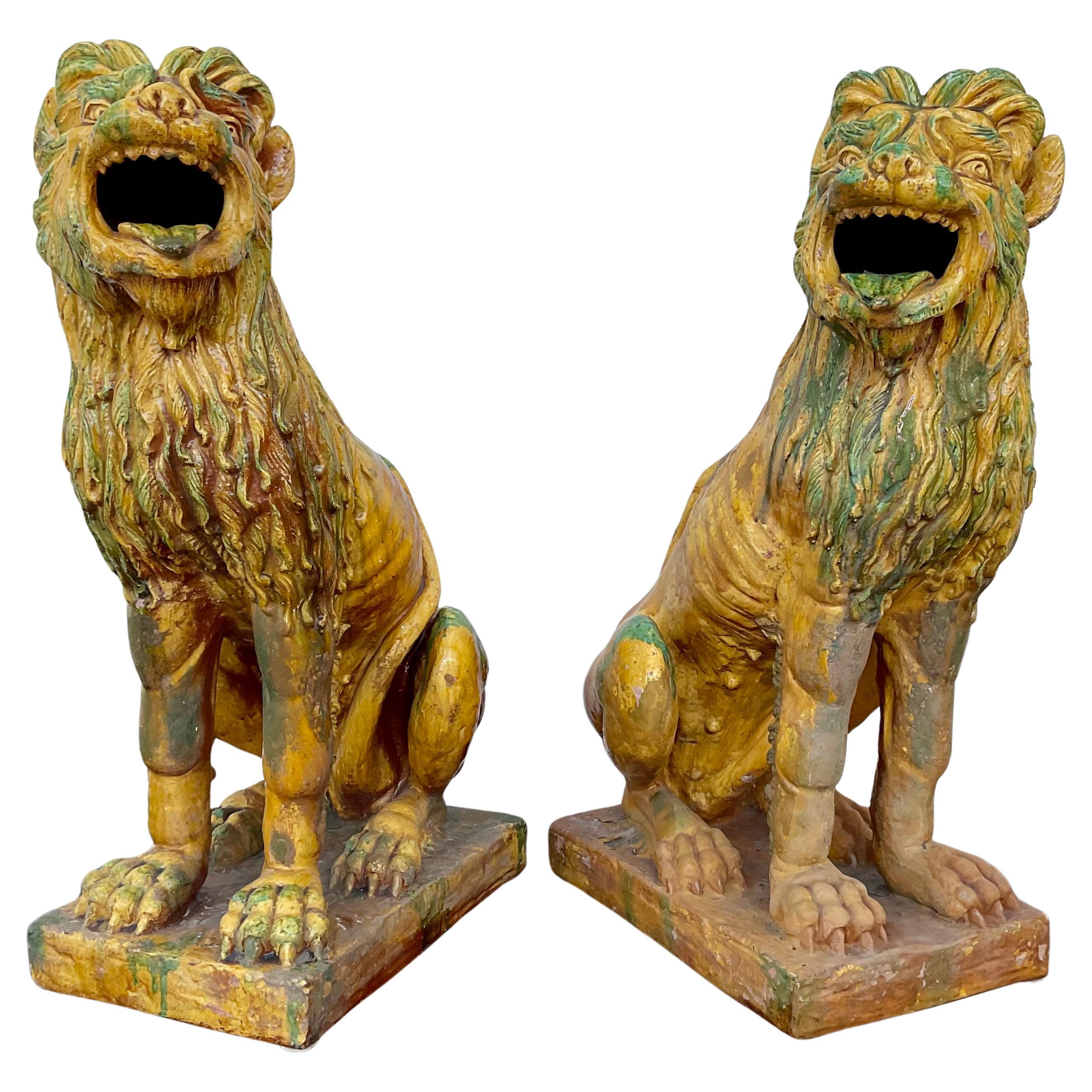Pair of Large Glazed Terra Cotta Lions or Foo Dogs For Sale