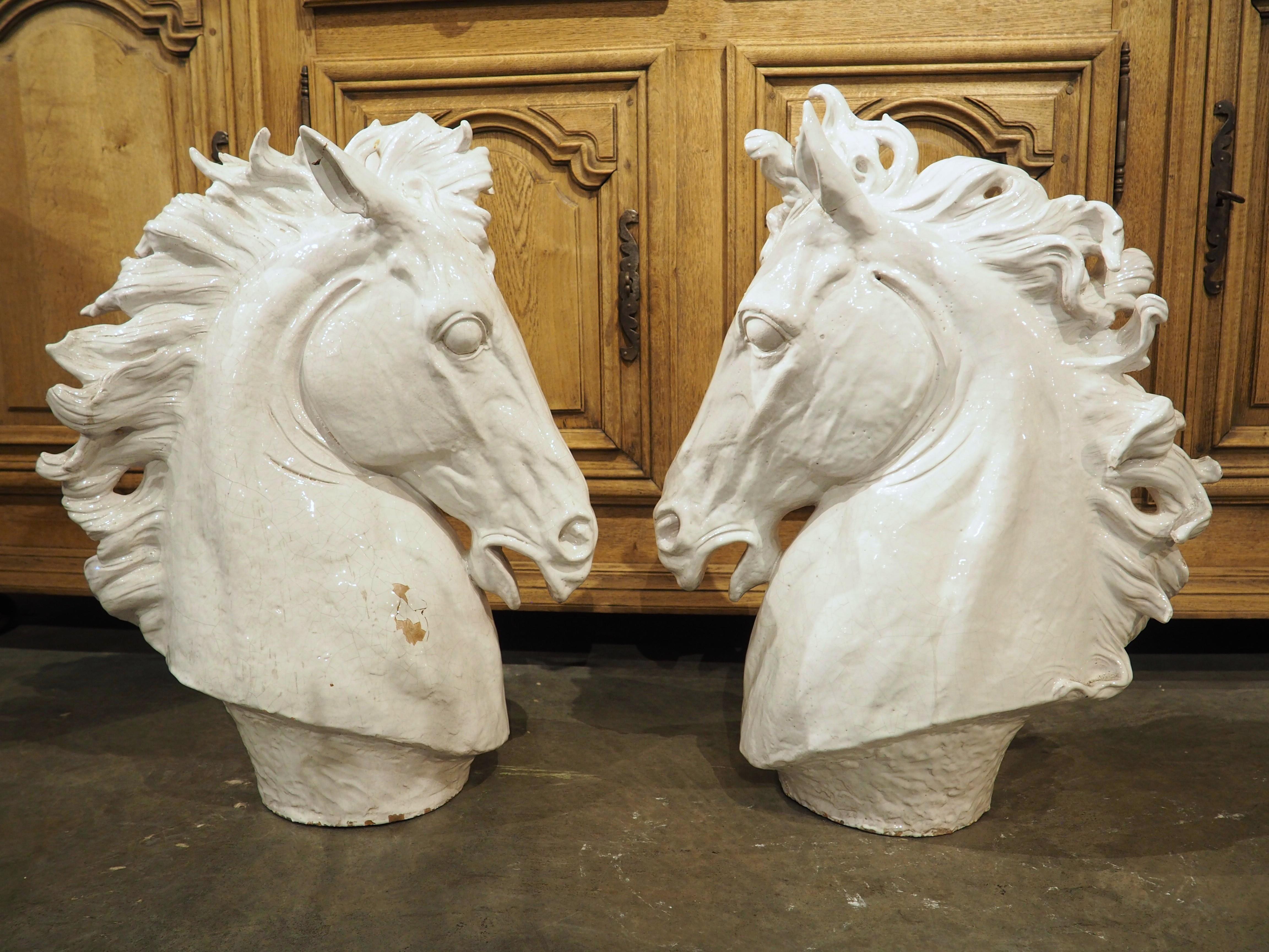 Pair of Large Glazed Terracotta Horse Busts from Italy, Circa 1950 For Sale