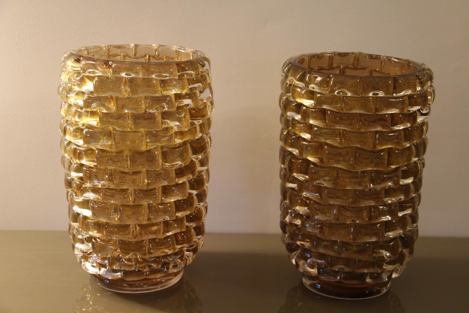 Pair of Large Gold Color and Iridescent Murano Glass Vases 5