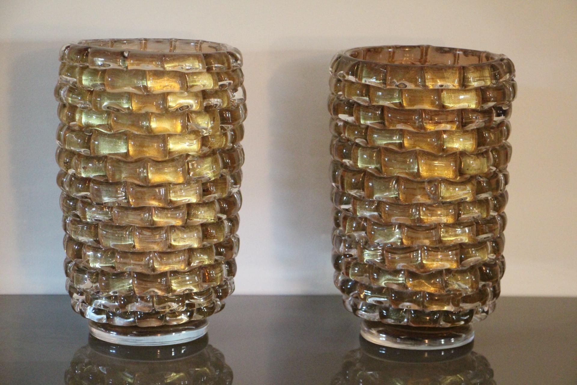 Pair of Large Gold Color and Iridescent Murano Glass Vases 7