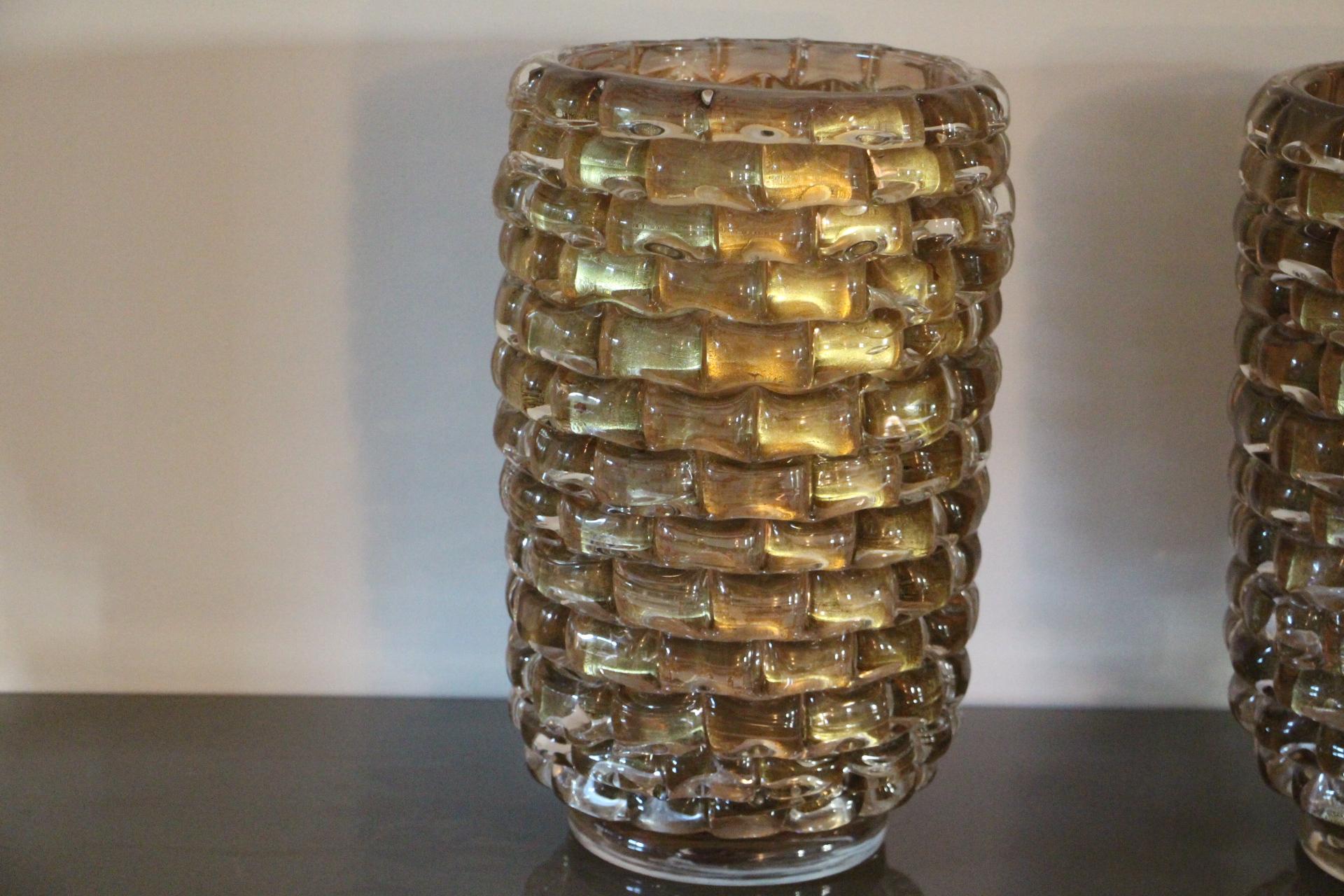 Pair of Large Gold Color and Iridescent Murano Glass Vases 8