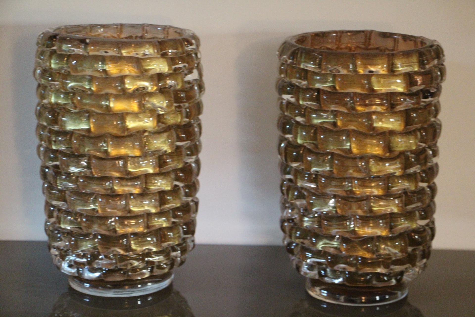 Pair of Large Gold Color and Iridescent Murano Glass Vases 10