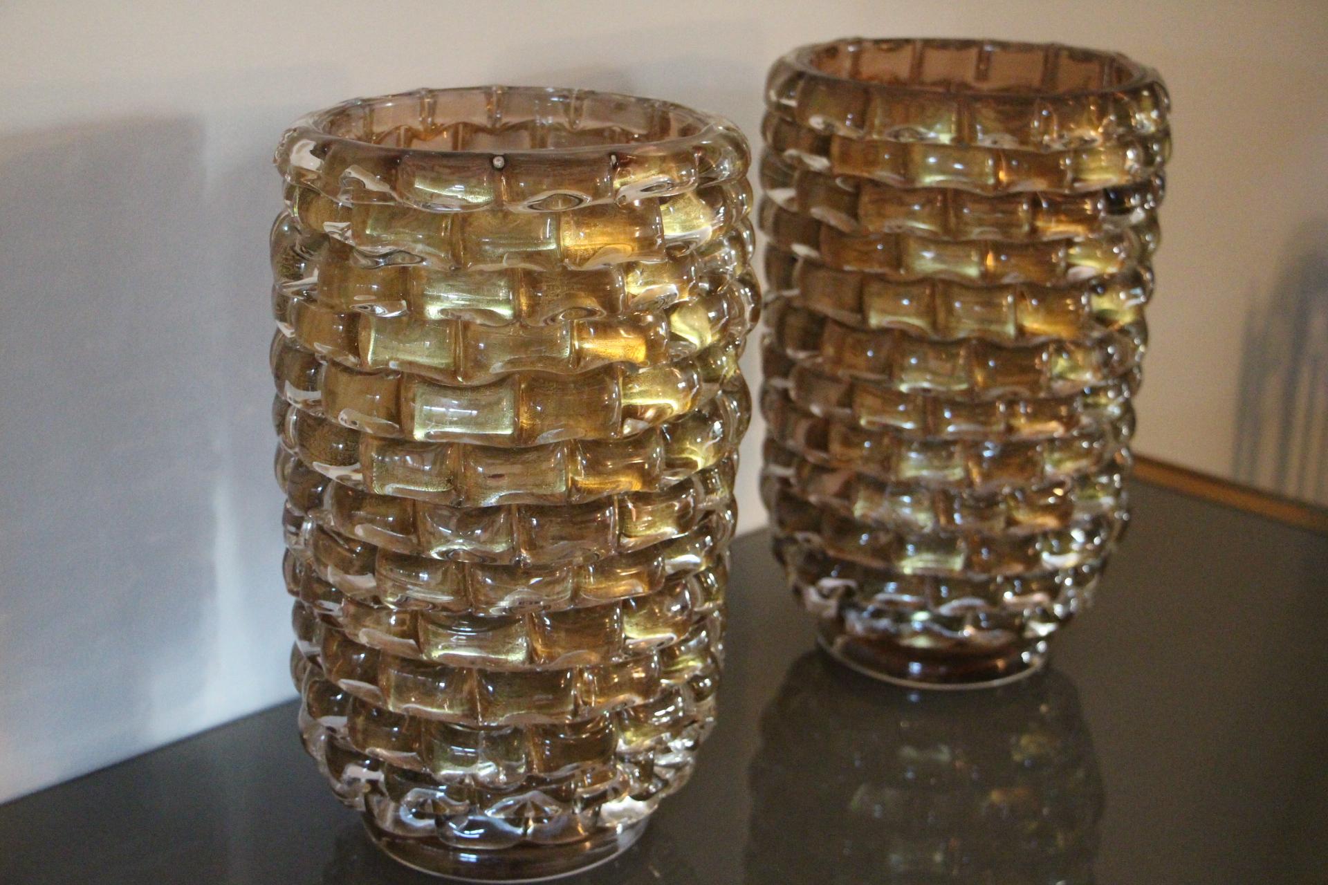 Pair of Large Gold Color and Iridescent Murano Glass Vases 11