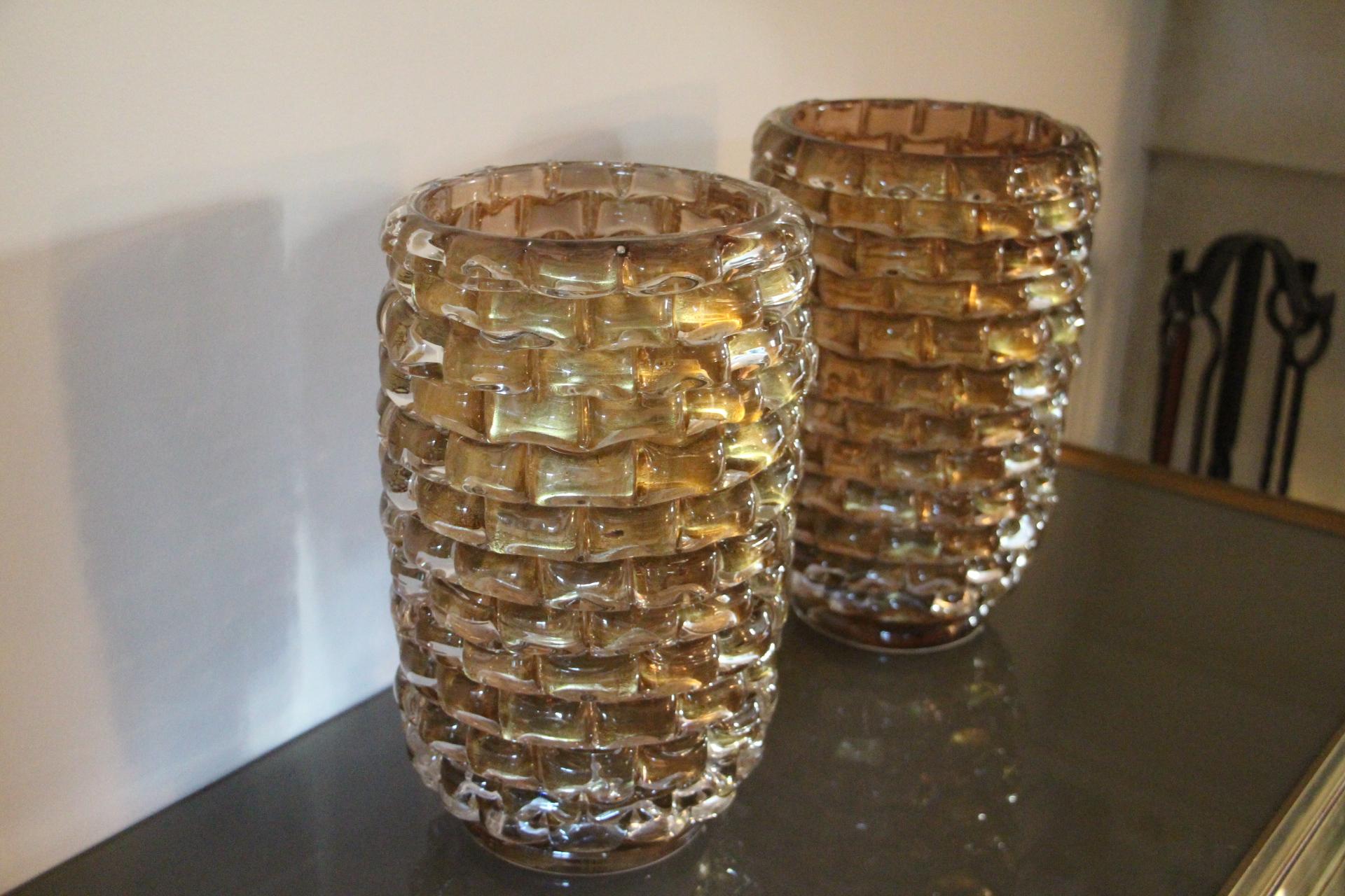 Pair of Large Gold Color and Iridescent Murano Glass Vases 12