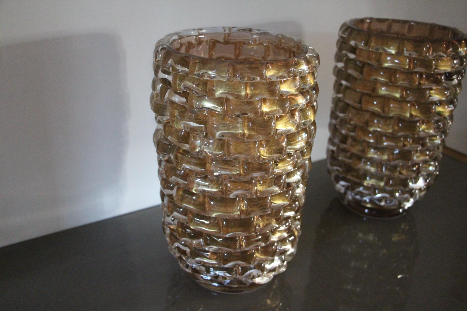 Mid-Century Modern Pair of Large Gold Color and Iridescent Murano Glass Vases