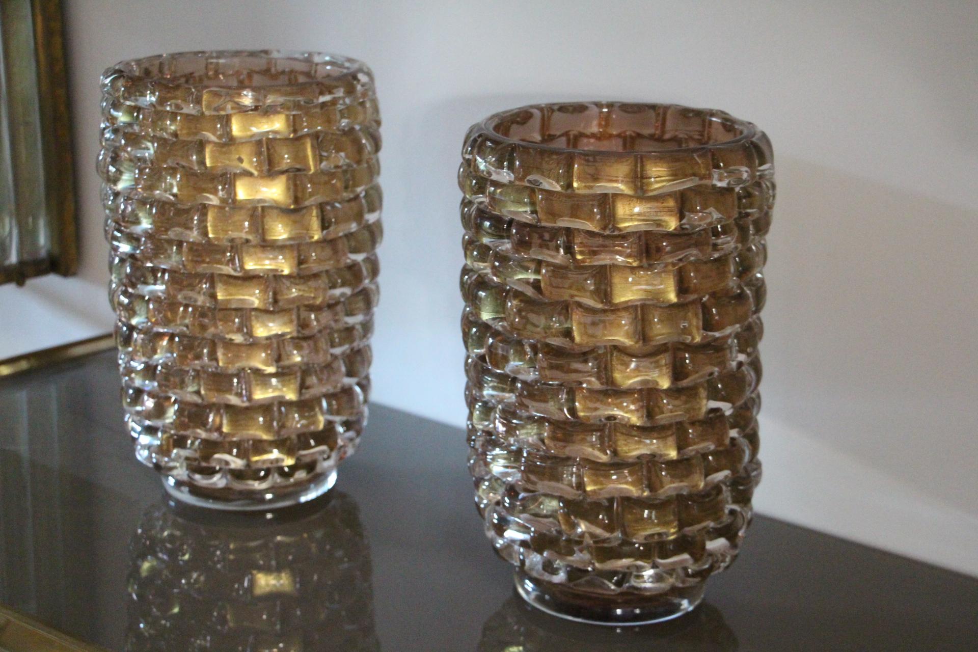 Italian Pair of Large Gold Color and Iridescent Murano Glass Vases