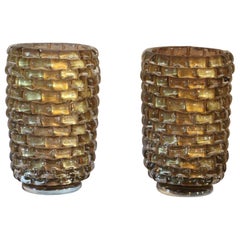 Pair of Large Gold Color and Iridescent Murano Glass Vases
