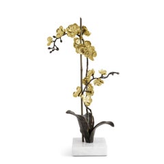 Pair of Large Gold Metal Orchid Stem Sculptures, Contemporary Style