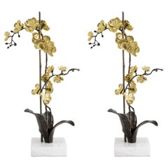 Pair of Large Gold Metal Orchid Stem Sculptures, Contemporary Style