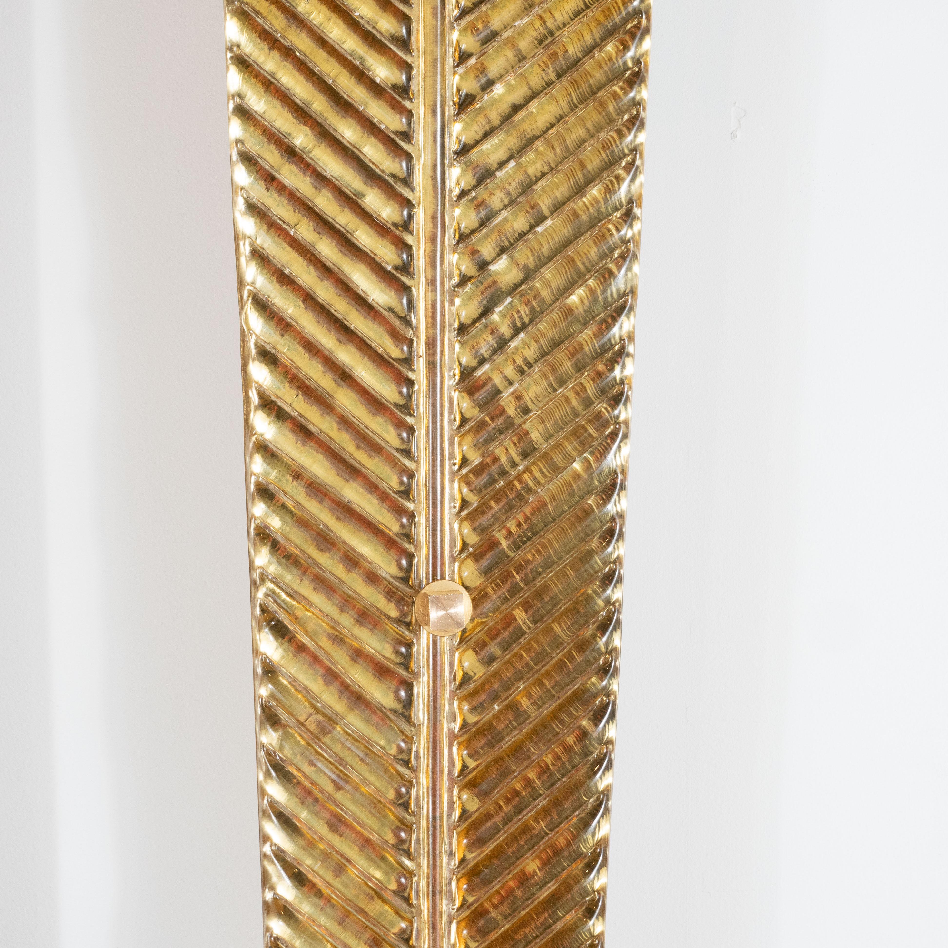 Italian Pair of Large Gold Metallic Murano Glass Palm Leaf and Brass Sconces, Italy 2019