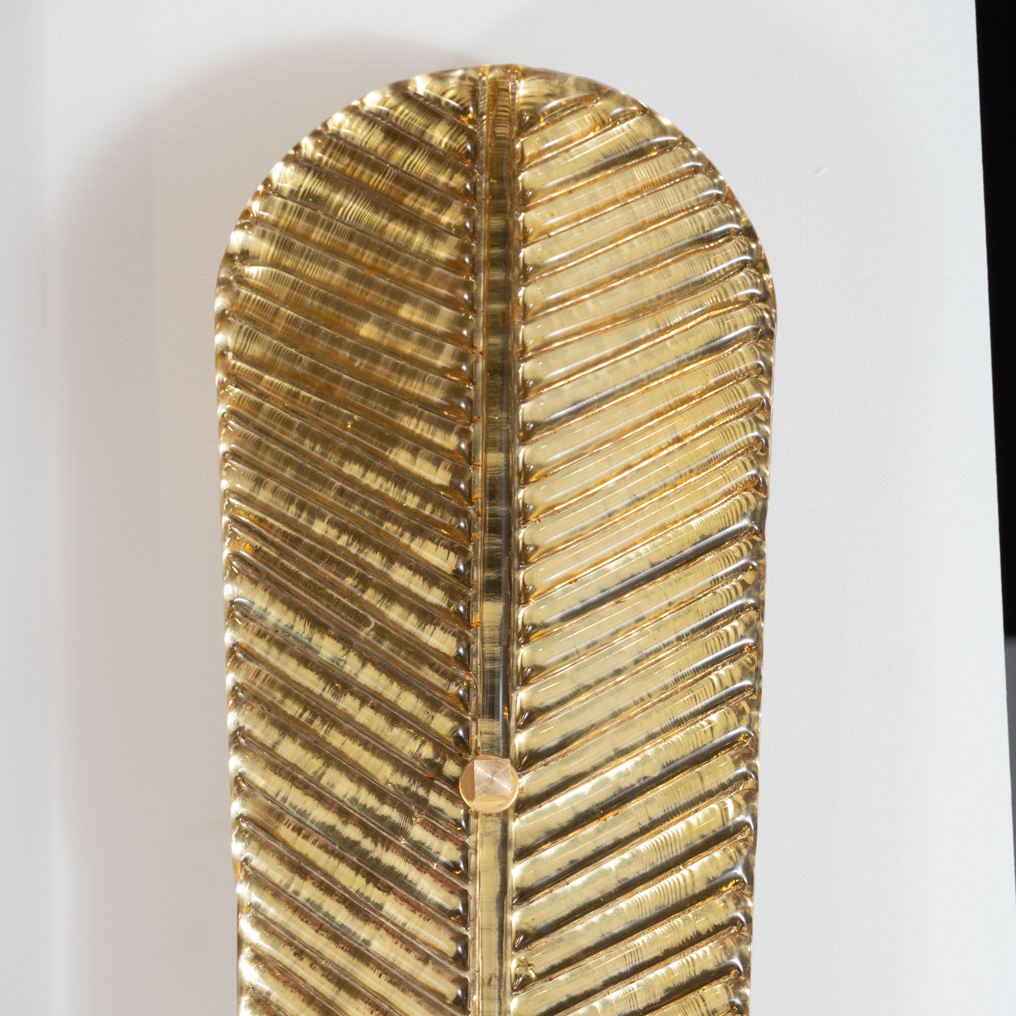 Hand-Crafted Pair of Large Gold Metallic Murano Glass Palm Leaf and Brass Sconces, Italy 2019