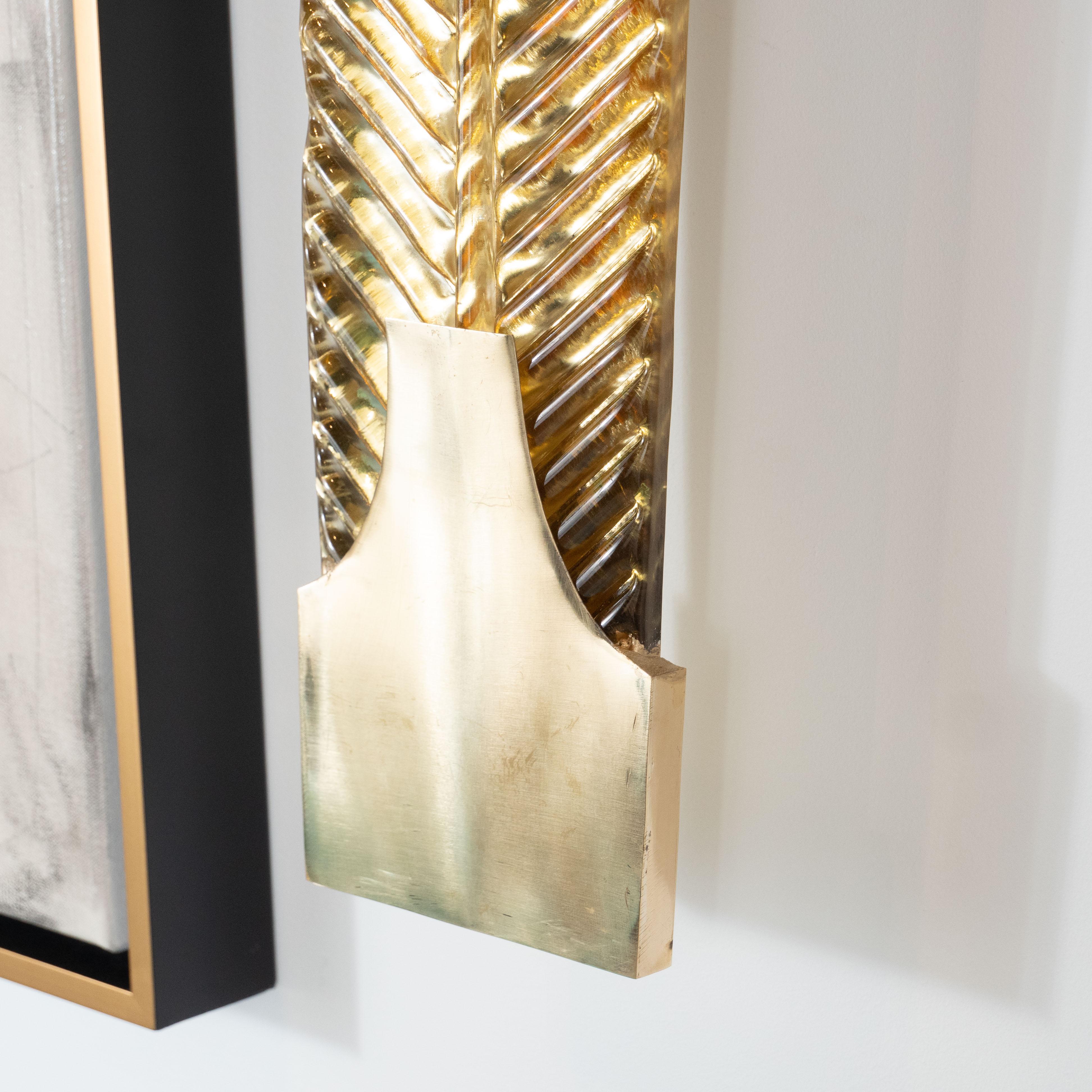 Pair of Large Gold Metallic Murano Glass Palm Leaf and Brass Sconces, Italy 2019 3
