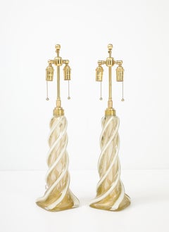 Pair of Large Gold Murano Ribbon Twist Lamps by Seguso