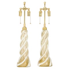 Pair of Large Gold Murano Ribbon Twist Lamps by Seguso