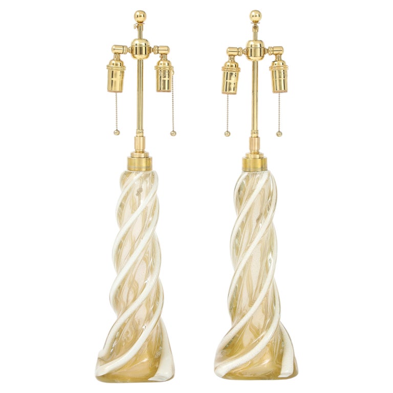 Pair of Large Gold Murano Ribbon Twist Lamps by Seguso