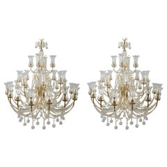 Pair of Large Gold-Plated Crystal 28 Light Chandeliers