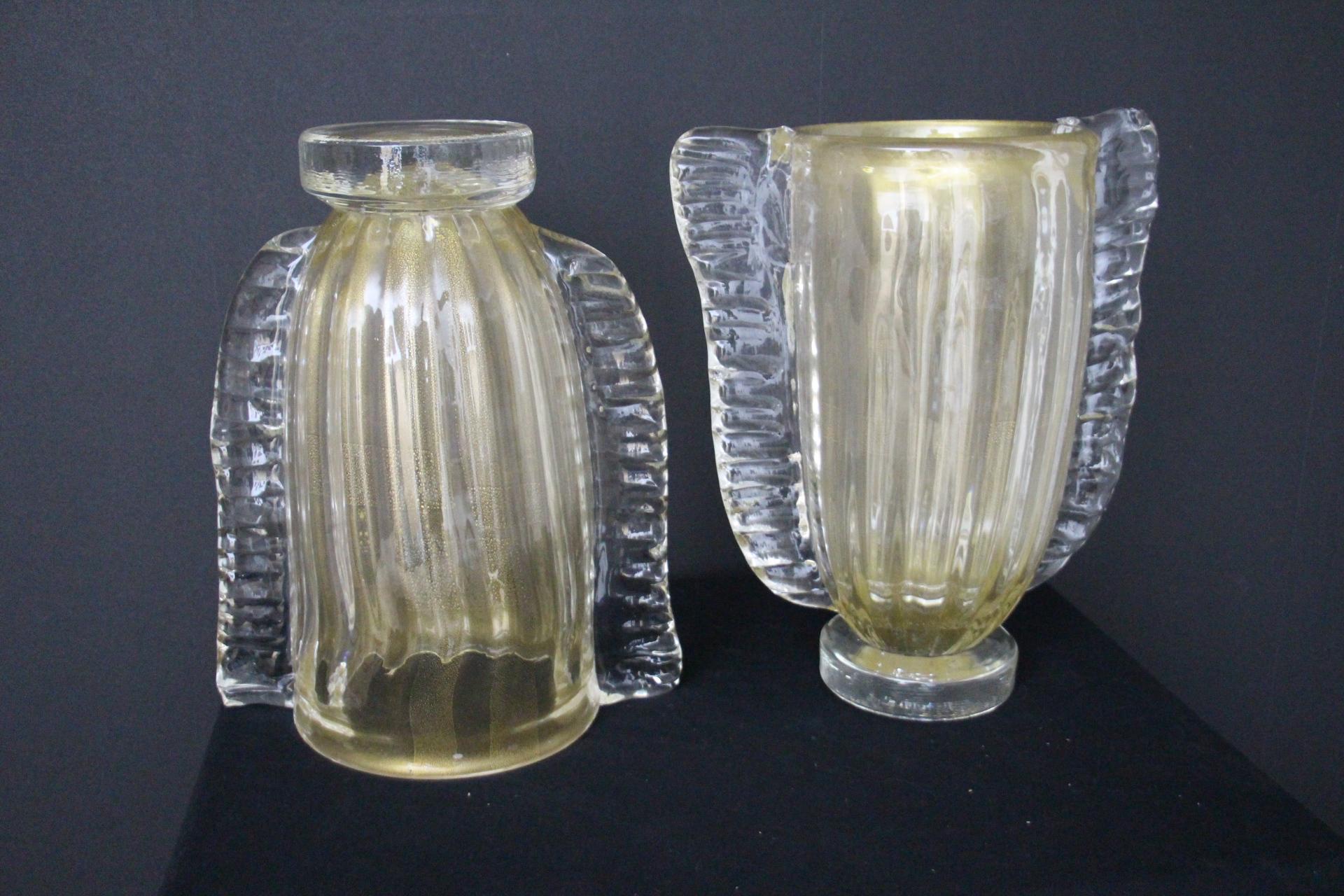 Pair of Large Golden And Crystal Color Murano Glass Vases by Costantini For Sale 4