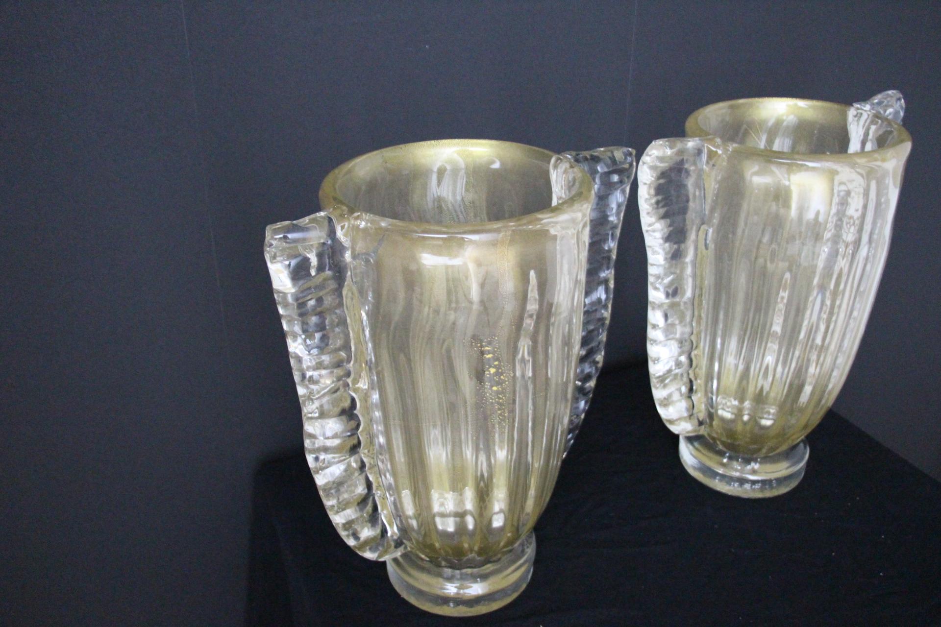 Pair of Large Golden And Crystal Color Murano Glass Vases by Costantini For Sale 7