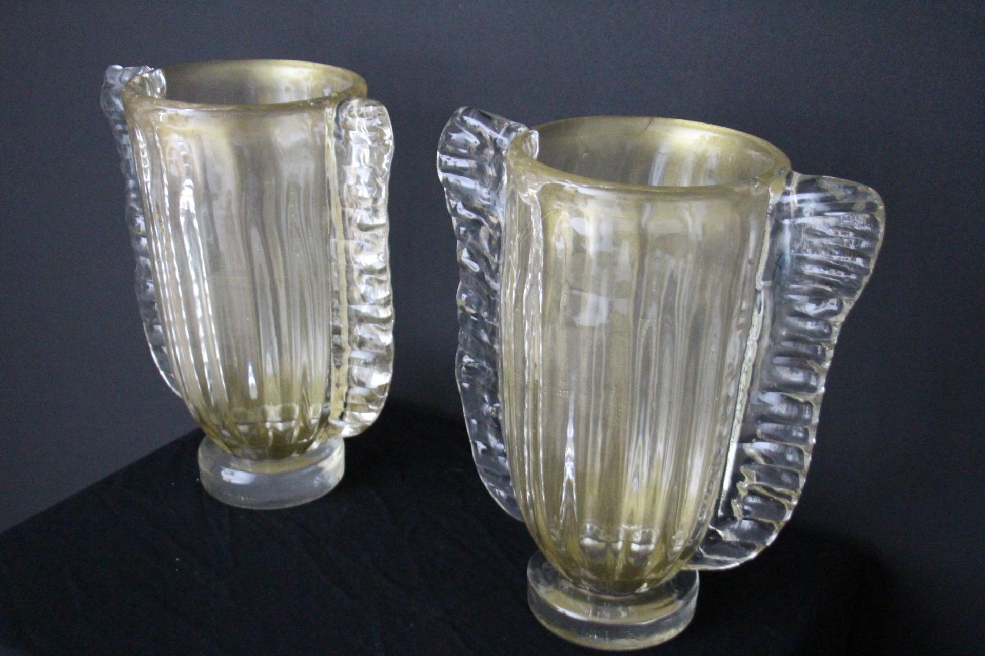Mid-Century Modern Pair of Large Golden And Crystal Color Murano Glass Vases by Costantini For Sale