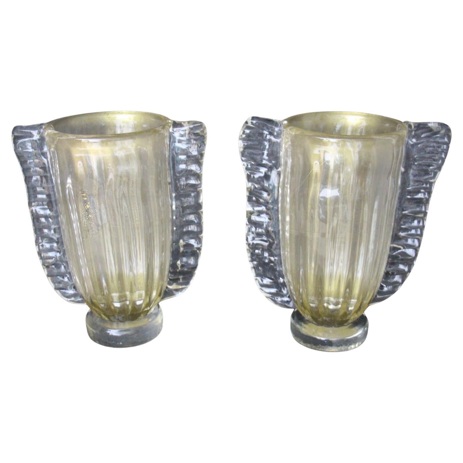 Pair of Large Golden And Crystal Color Murano Glass Vases by Costantini