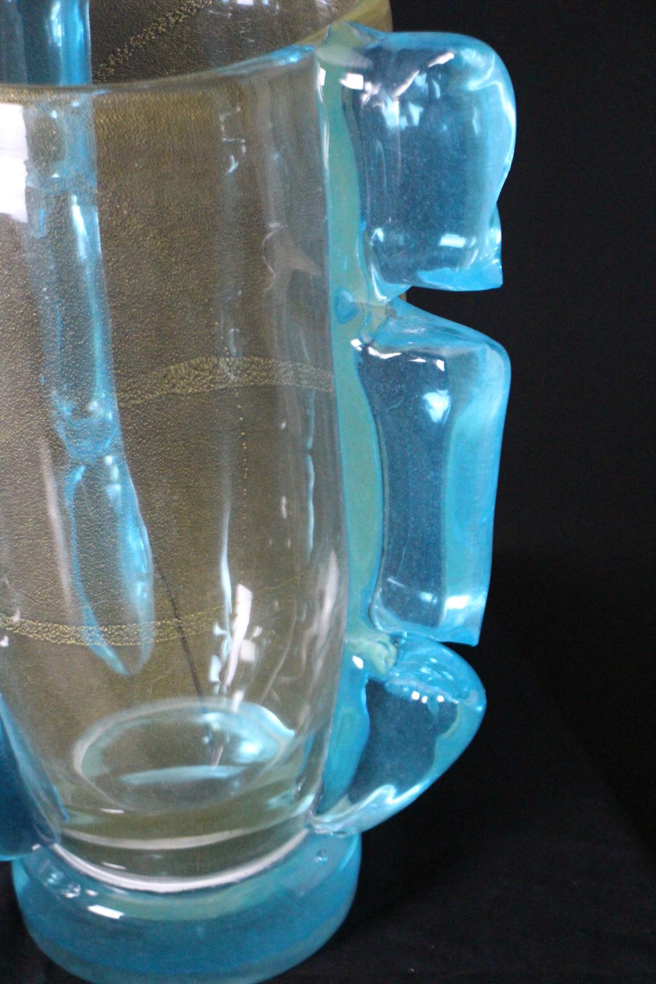 Pair of Large Golden And Turquoise Blue Murano Glass Vases by Costantini For Sale 4