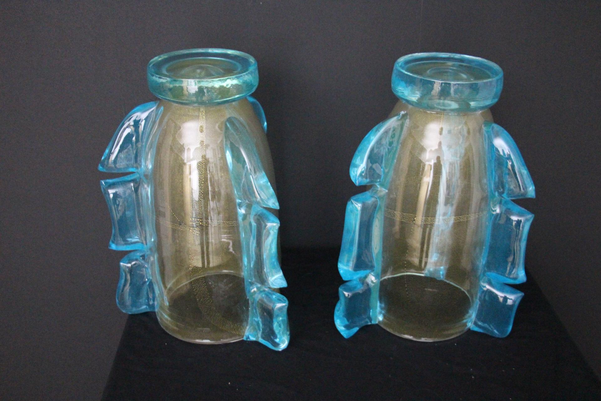 Pair of Large Golden And Turquoise Blue Murano Glass Vases by Costantini For Sale 6