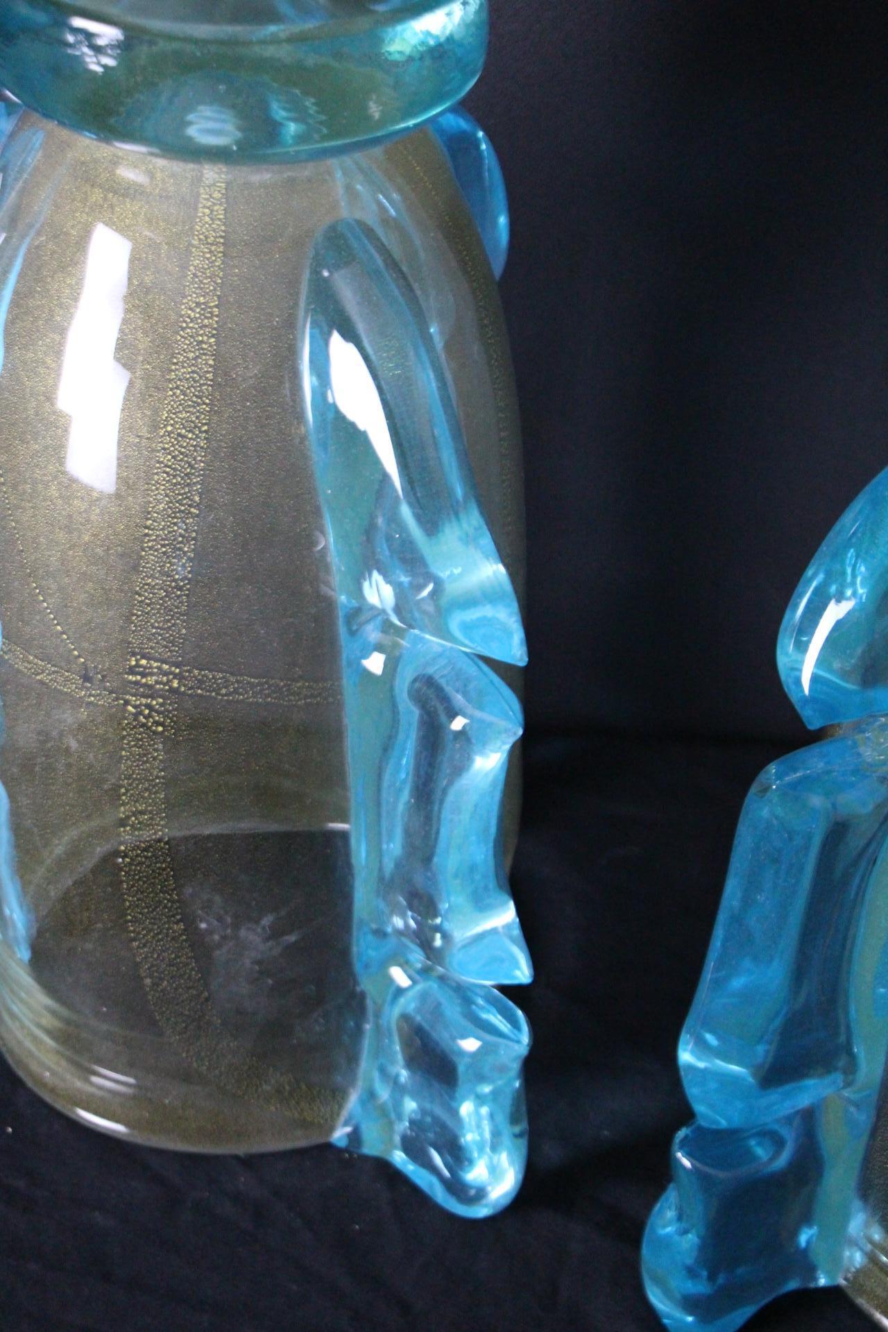 Pair of Large Golden And Turquoise Blue Murano Glass Vases by Costantini For Sale 11