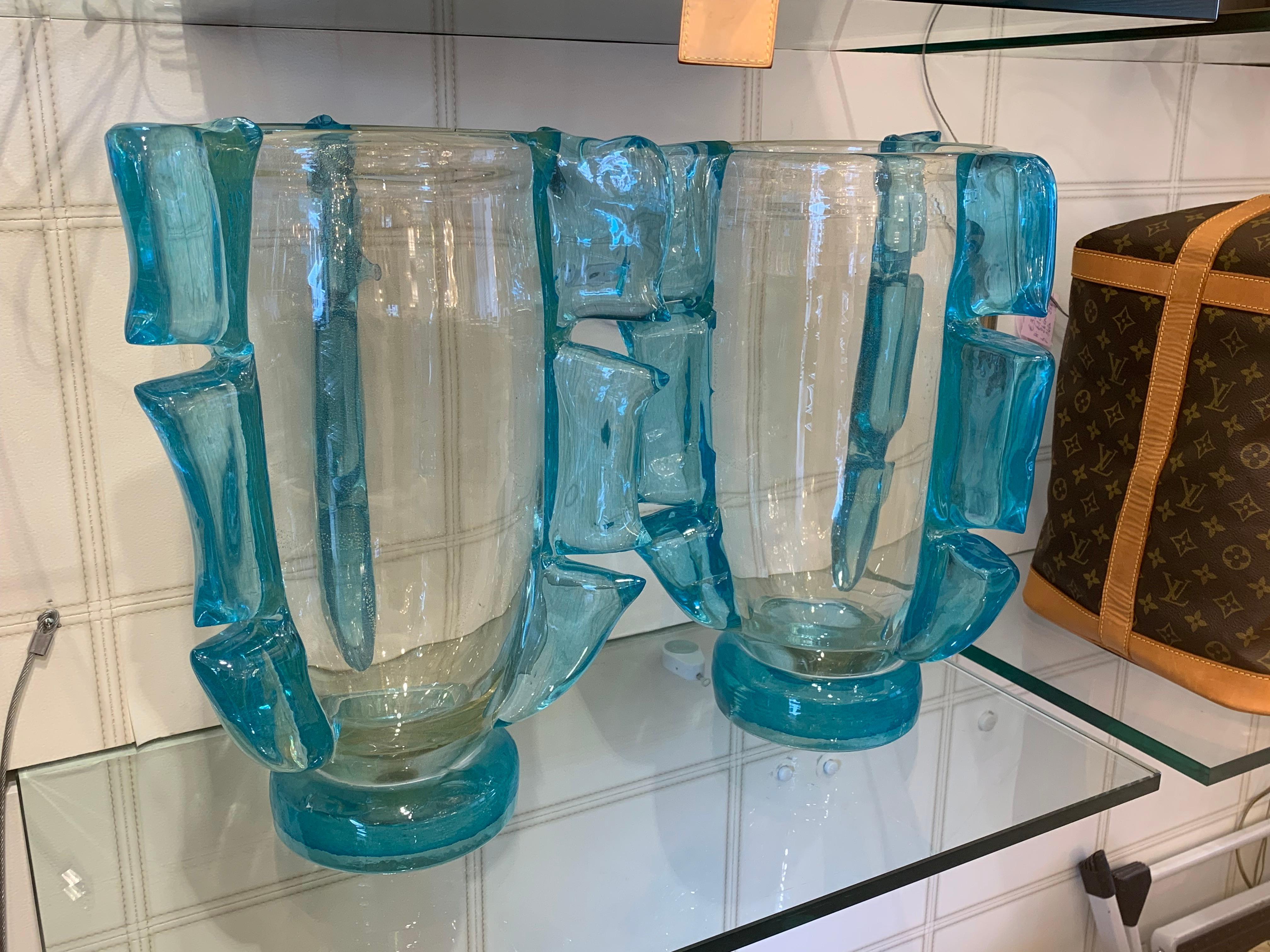 Pair of Large Golden And Turquoise Blue Murano Glass Vases by Costantini For Sale 13
