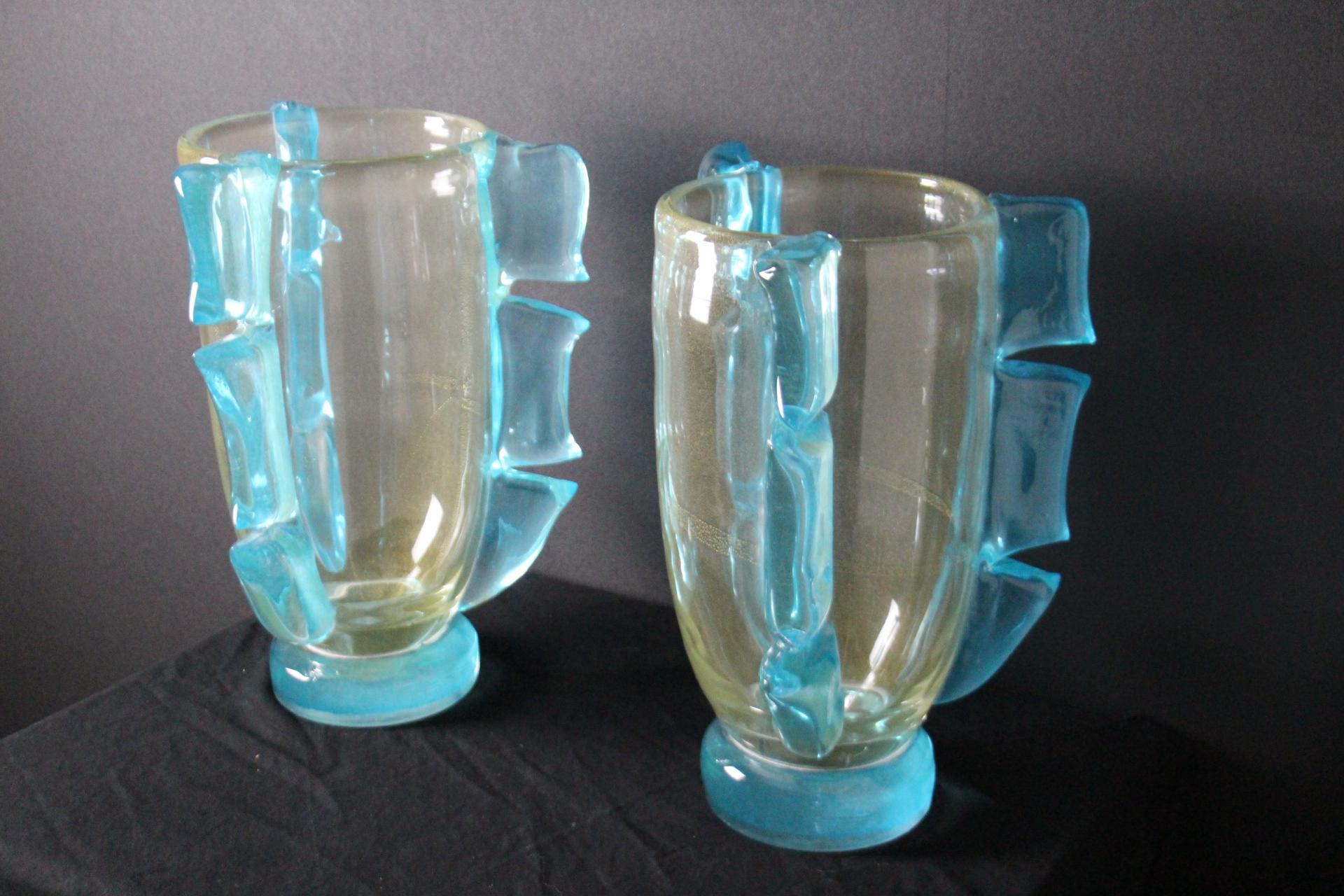 Mid-Century Modern Pair of Large Golden And Turquoise Blue Murano Glass Vases by Costantini For Sale