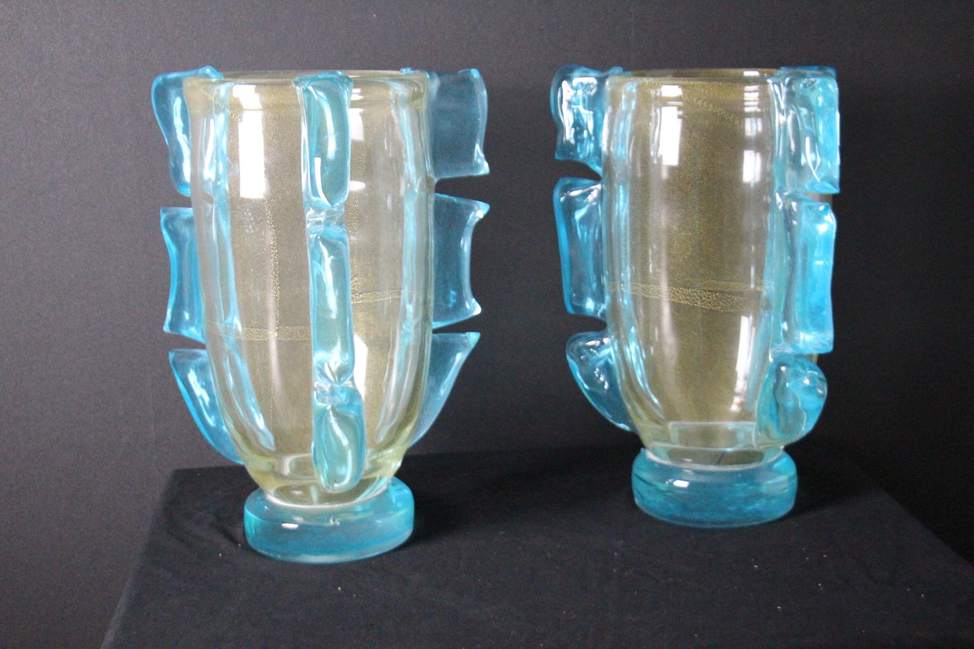 Italian Pair of Large Golden And Turquoise Blue Murano Glass Vases by Costantini For Sale
