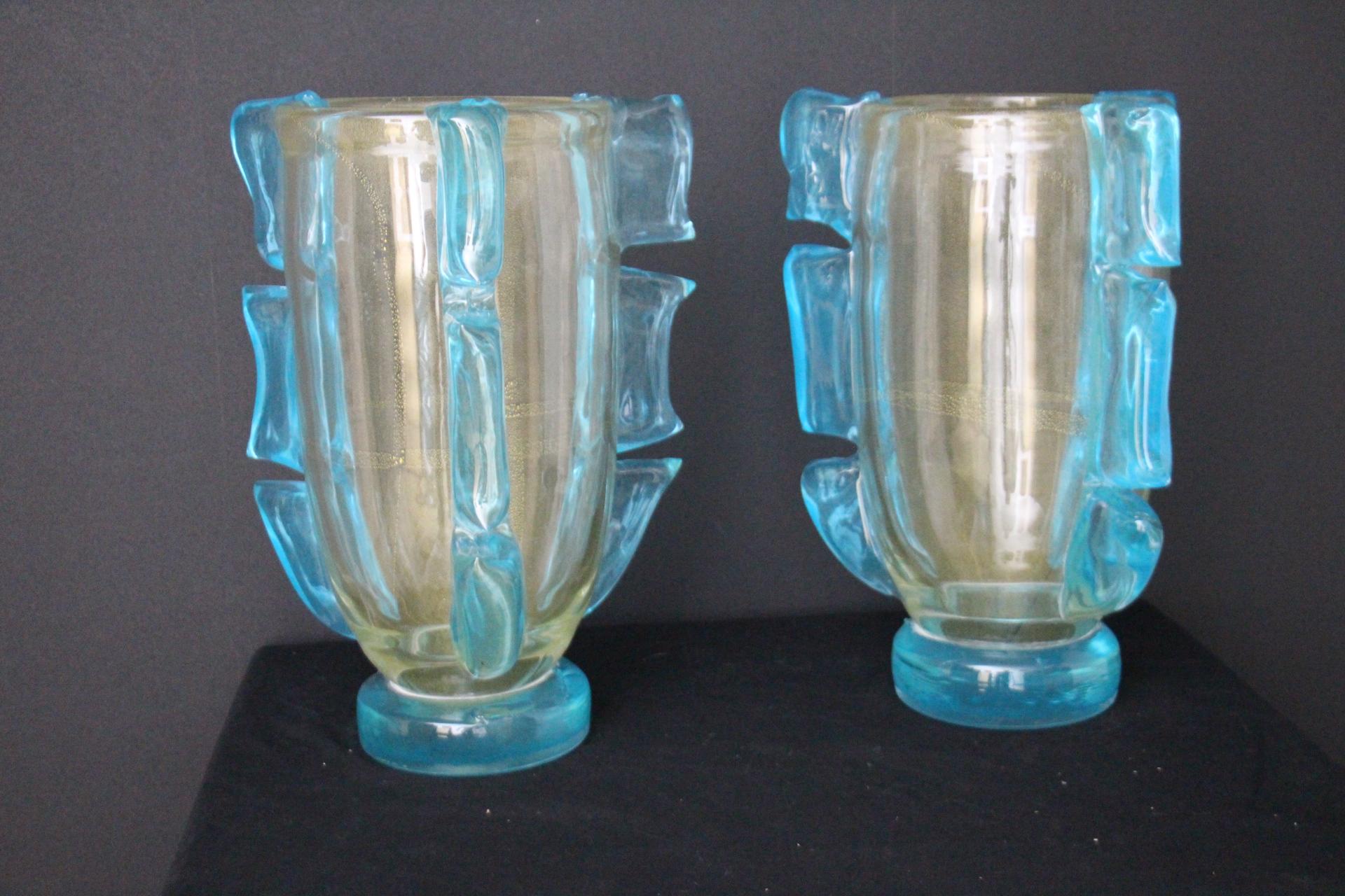 Pair of Large Golden And Turquoise Blue Murano Glass Vases by Costantini In Excellent Condition For Sale In Saint-Ouen, FR