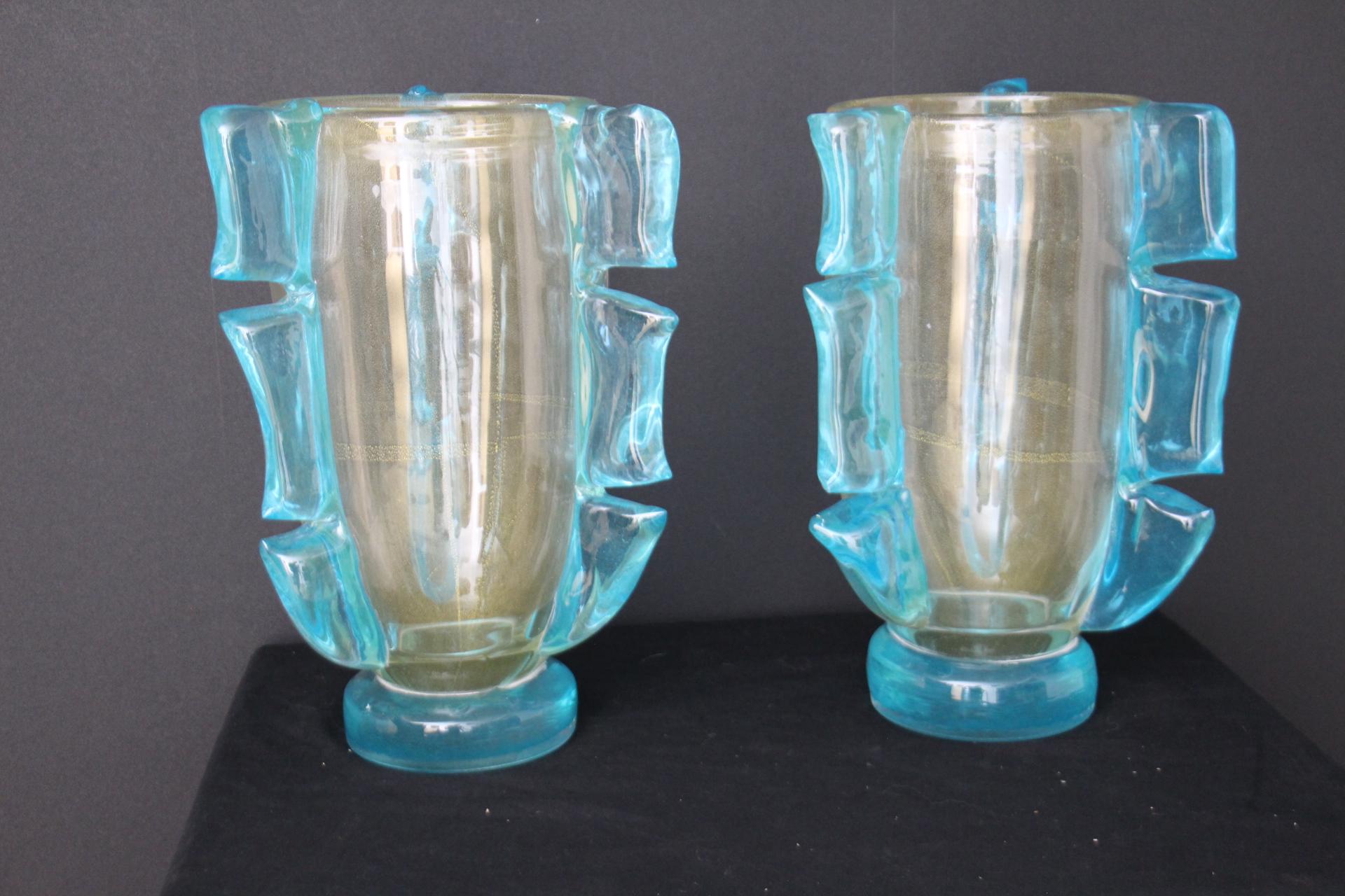 20th Century Pair of Large Golden And Turquoise Blue Murano Glass Vases by Costantini For Sale