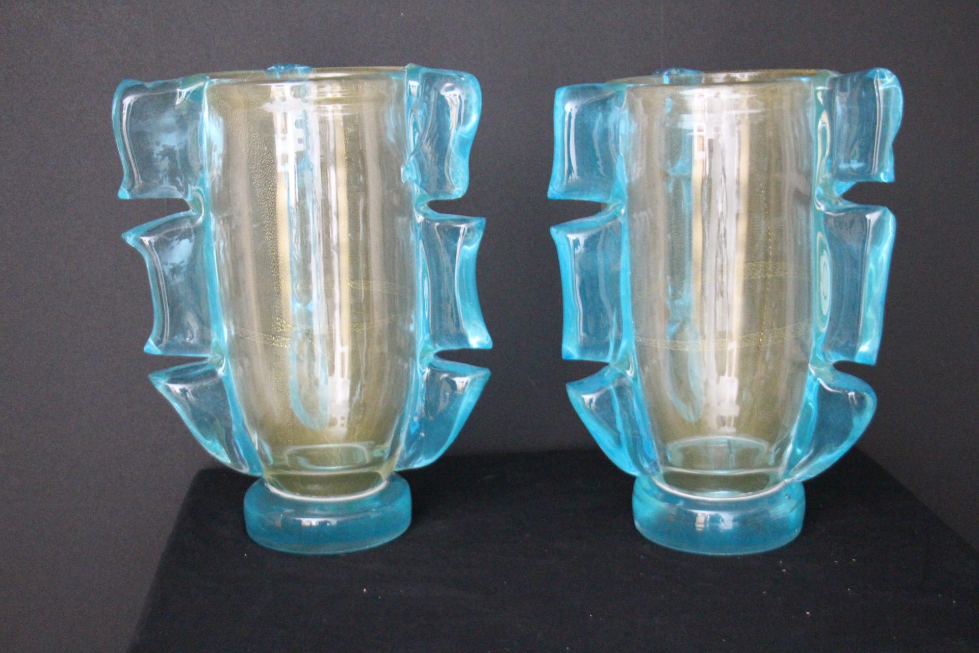 Pair of Large Golden And Turquoise Blue Murano Glass Vases by Costantini For Sale 1
