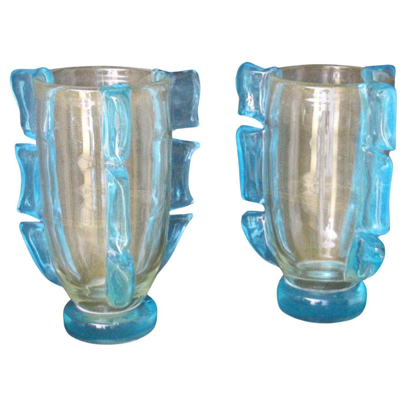 Pair of Large Golden And Turquoise Blue Murano Glass Vases by Costantini For Sale