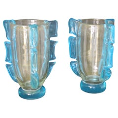 Pair of Large Golden And Turquoise Blue Murano Glass Vases by Costantini