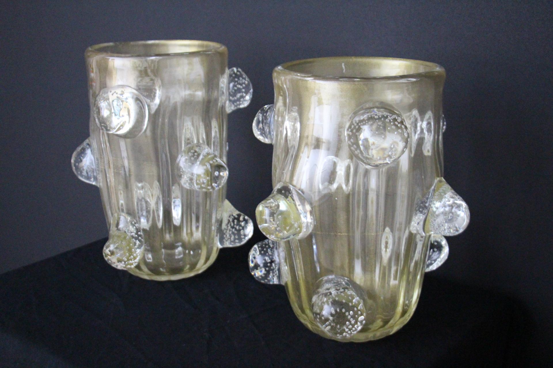 Pair of Large Golden Murano Glass Vases With Bubbles Balls Decor by Costantini For Sale 6