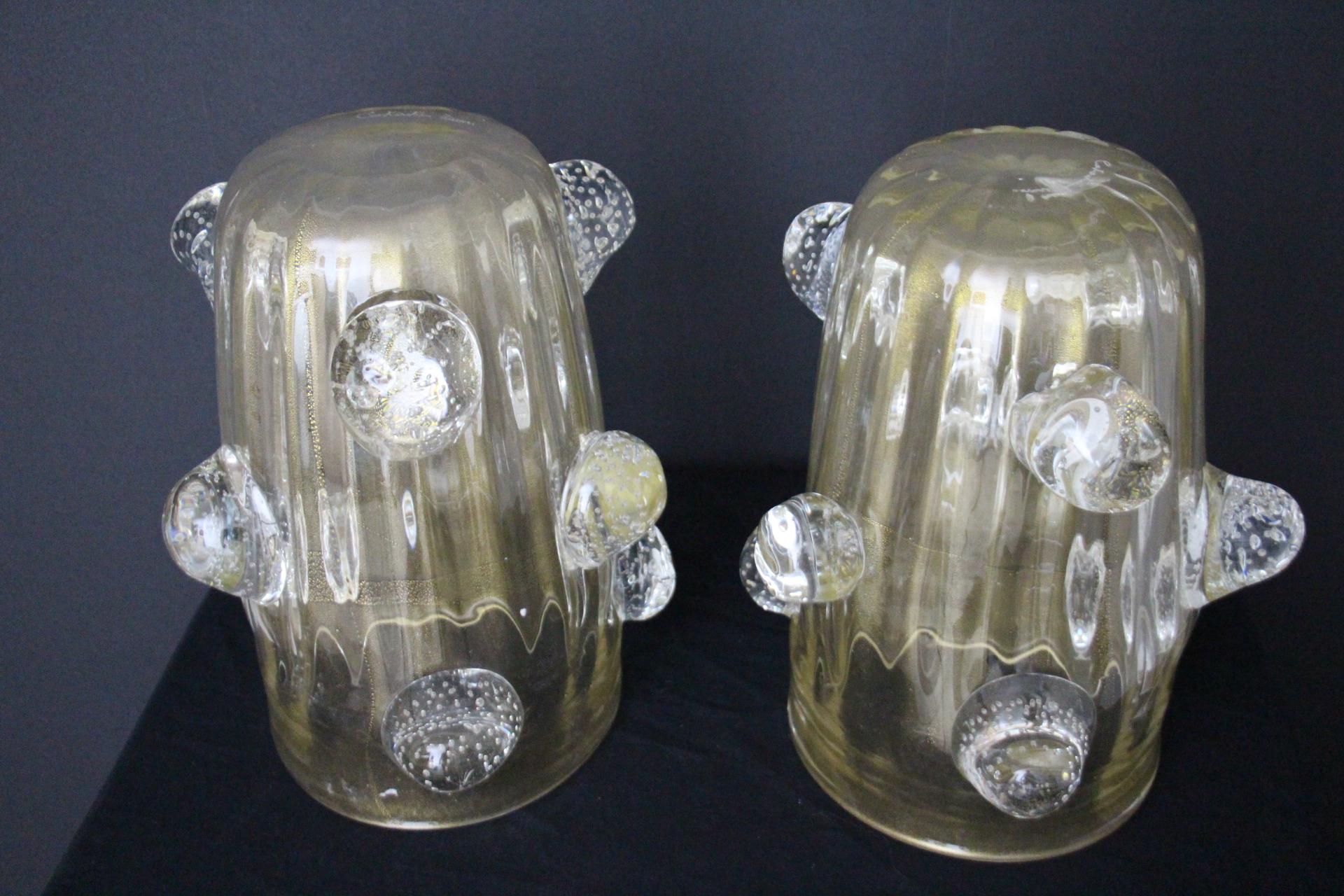 Pair of Large Golden Murano Glass Vases With Bubbles Balls Decor by Costantini For Sale 1