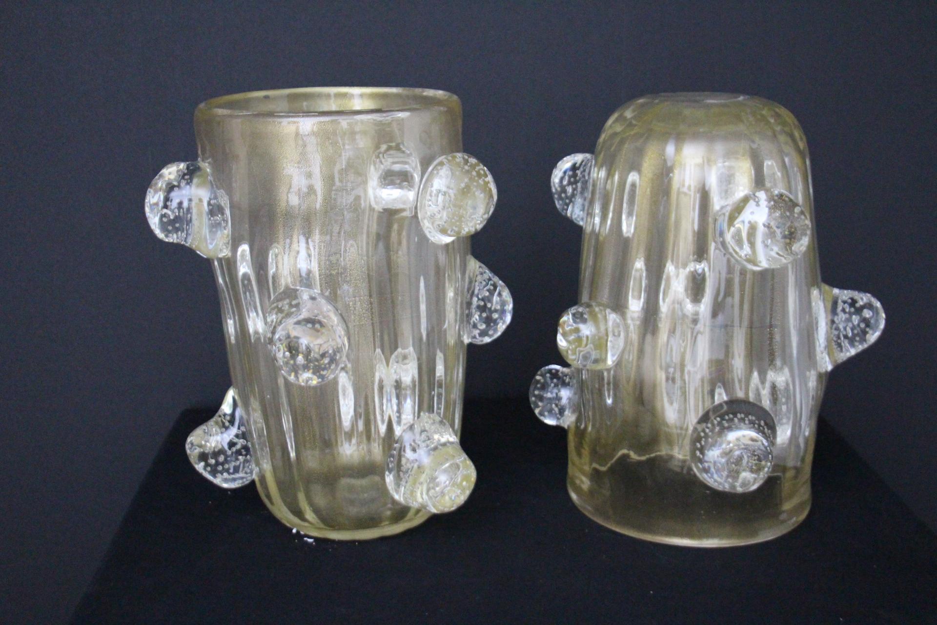 Pair of Large Golden Murano Glass Vases With Bubbles Balls Decor by Costantini For Sale 3