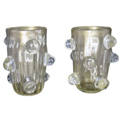 Pair of Large Golden Murano Glass Vases With Bubbles Balls Decor by Costantini