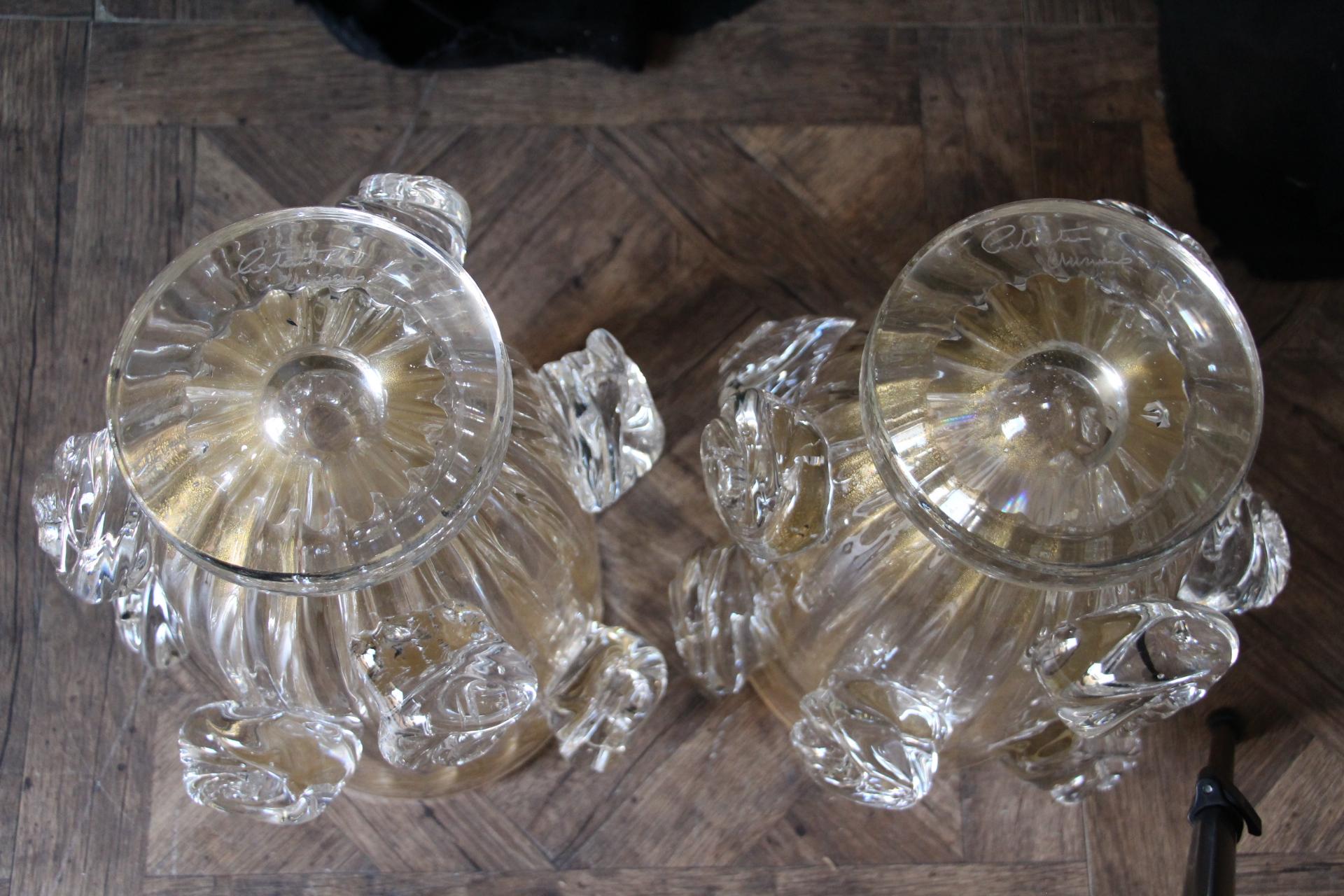 Pair of Large Golden Murano Glass Vases With Roses Decor by Costantini 8